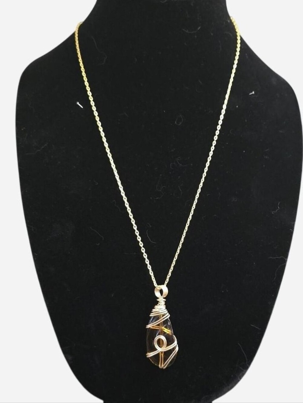 Gold-tone wire wrapped upcycled glass pendant necklace